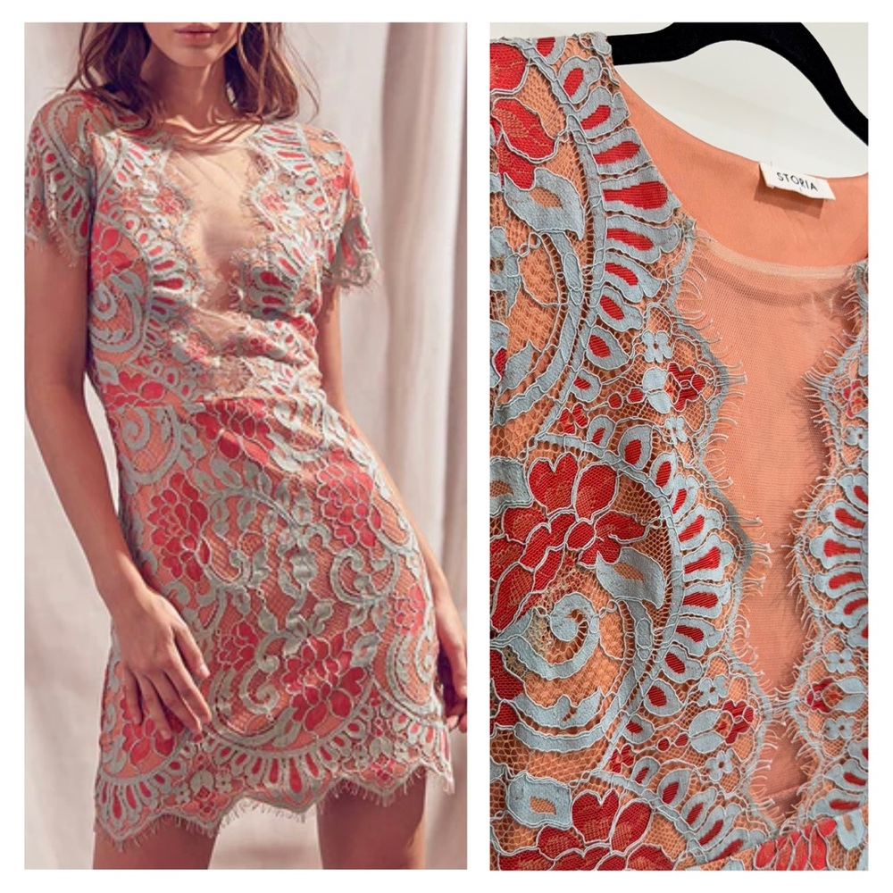 Storia Plunge Mesh Eyelash Lace Coral Pink and Blue Mini Dress